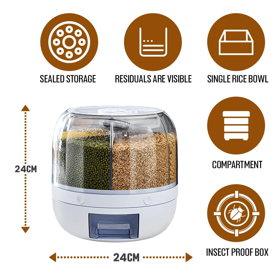 6-Grid Rotating Food Dispenser | 360° Rotating Transparent Grain Storage Container | Rotatable Dry Food Fruit Cereal Storage Box Container with Lid for Home and Kitchen