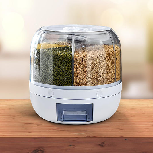 6-Grid Rotating Food Dispenser | 360° Rotating Transparent Grain Storage Container | Rotatable Dry Food Fruit Cereal Storage Box Container with Lid for Home and Kitchen
