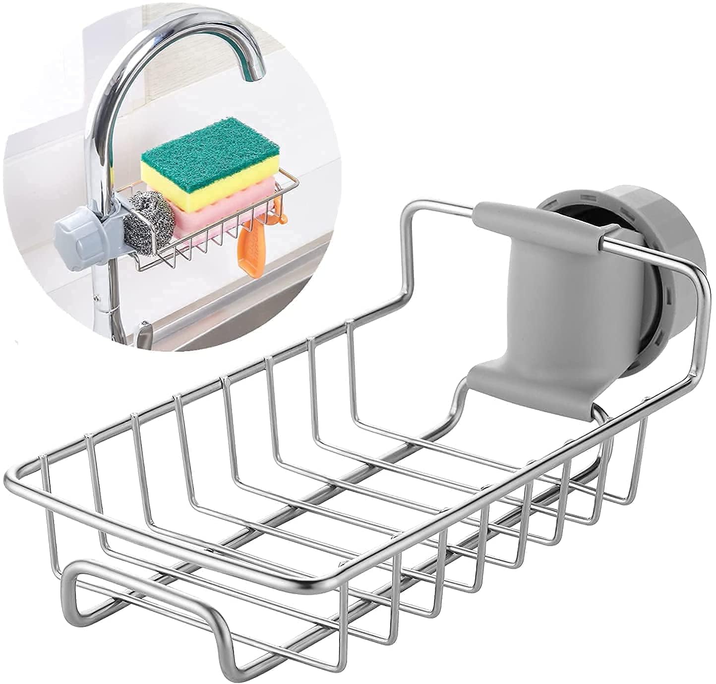 Kitchen Sink Sponge Holder – Over Faucet Stainless Steel Caddy for Soap, Brushes & Scrubbers – No Suction or Drilling Needed