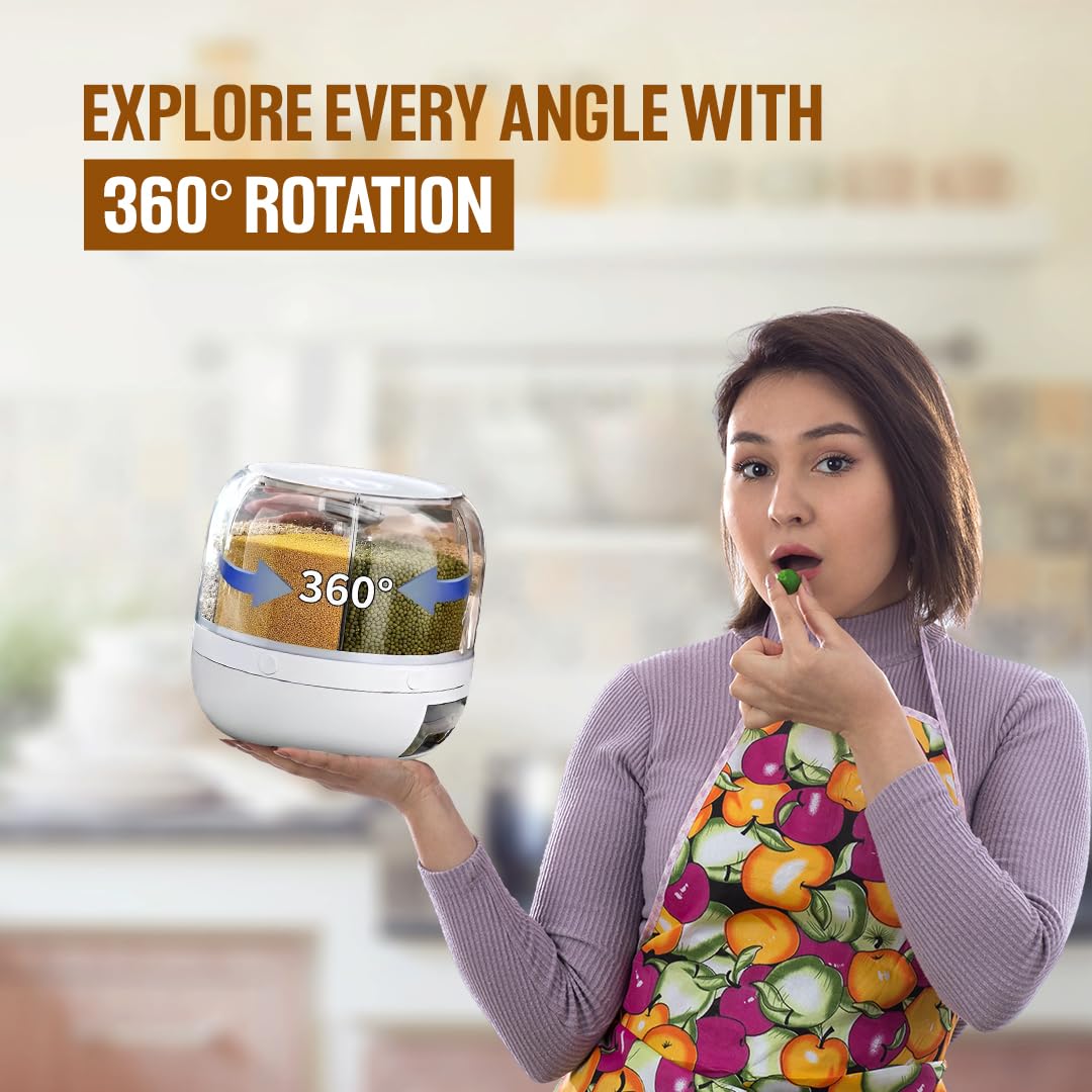6-Grid Rotating Food Dispenser | 360° Rotating Transparent Grain Storage Container | Rotatable Dry Food Fruit Cereal Storage Box Container with Lid for Home and Kitchen
