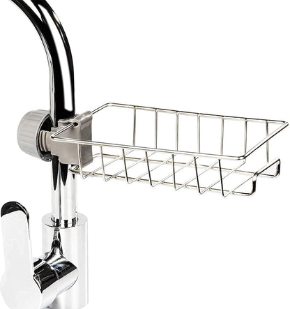 Kitchen Sink Sponge Holder – Over Faucet Stainless Steel Caddy for Soap, Brushes & Scrubbers – No Suction or Drilling Needed