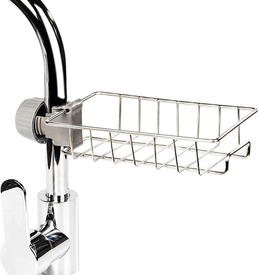 Kitchen Sink Sponge Holder – Over Faucet Stainless Steel Caddy for Soap, Brushes & Scrubbers – No Suction or Drilling Needed