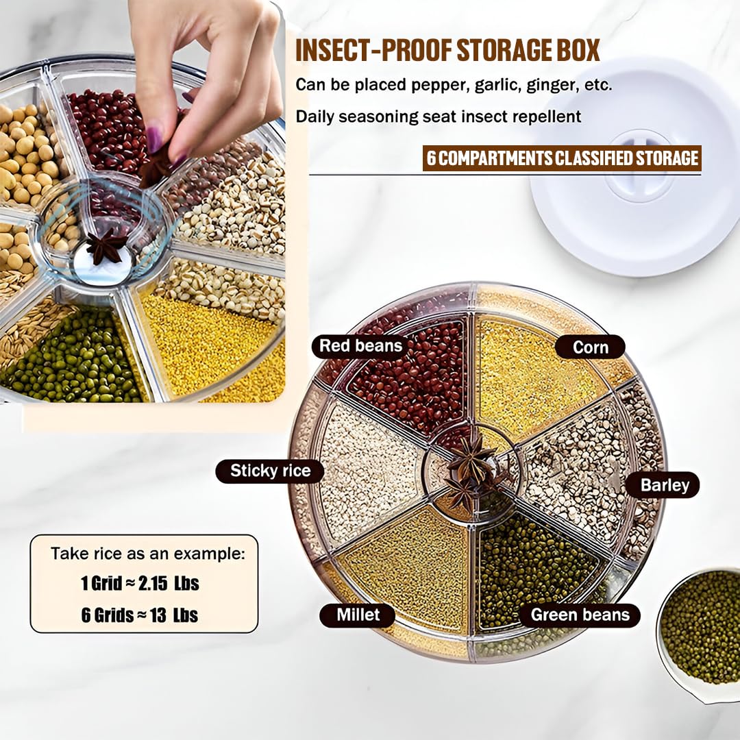 6-Grid Rotating Food Dispenser | 360° Rotating Transparent Grain Storage Container | Rotatable Dry Food Fruit Cereal Storage Box Container with Lid for Home and Kitchen