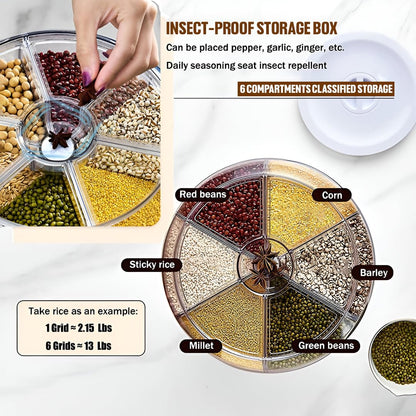 6-Grid Rotating Food Dispenser | 360° Rotating Transparent Grain Storage Container | Rotatable Dry Food Fruit Cereal Storage Box Container with Lid for Home and Kitchen