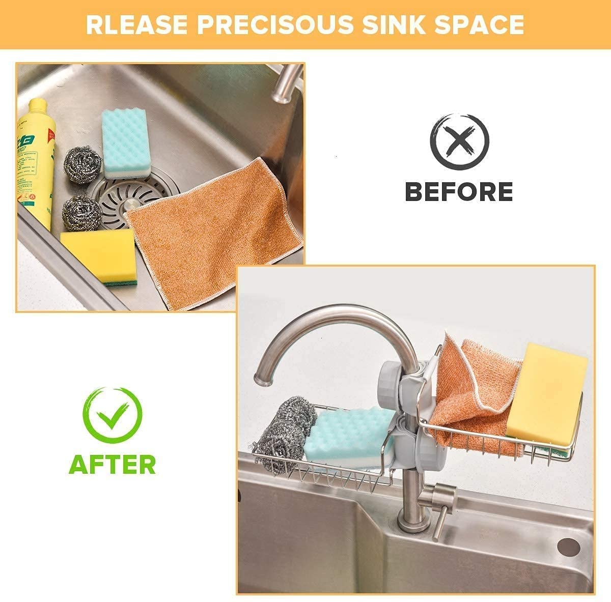 Kitchen Sink Sponge Holder – Over Faucet Stainless Steel Caddy for Soap, Brushes & Scrubbers – No Suction or Drilling Needed
