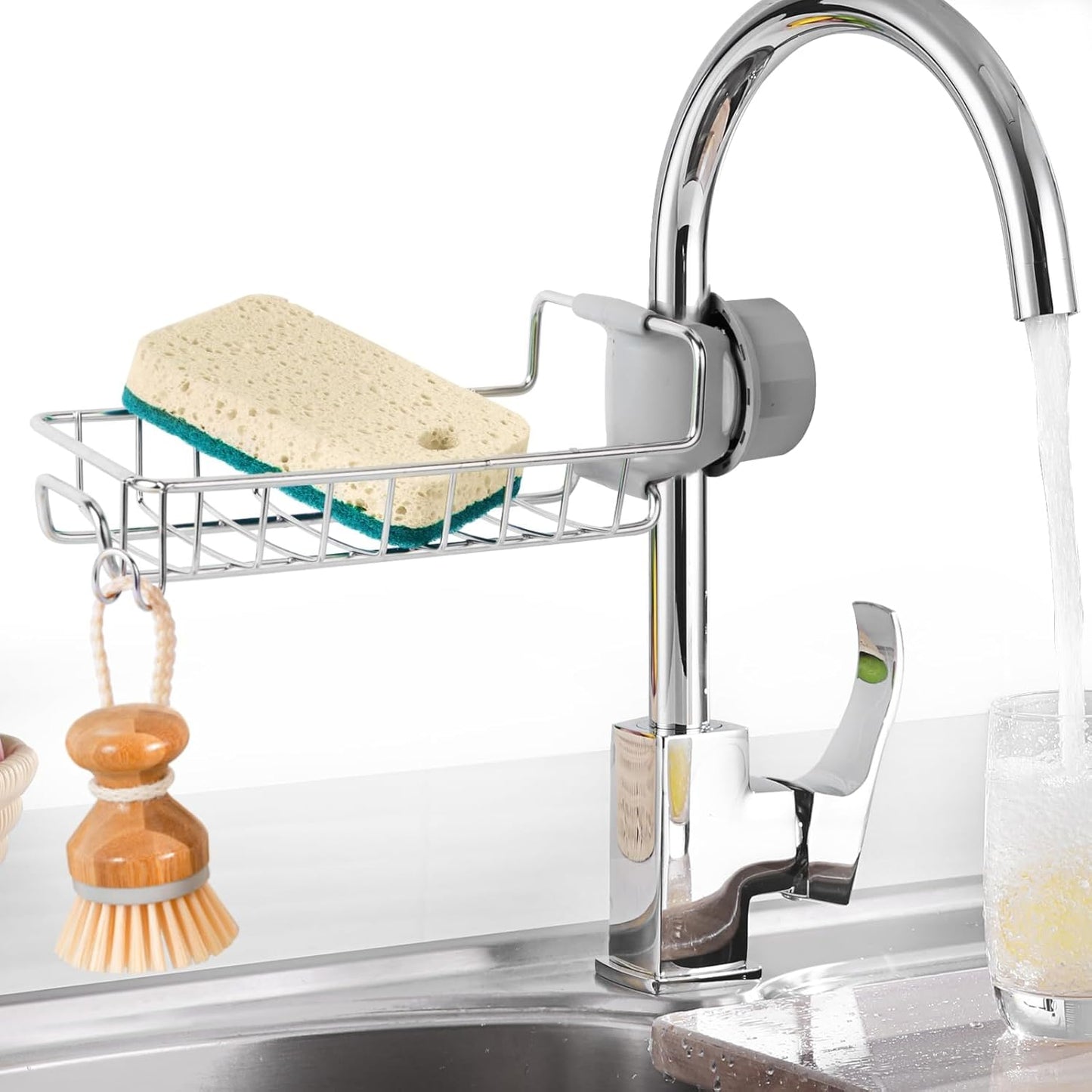 Kitchen Sink Sponge Holder – Over Faucet Stainless Steel Caddy for Soap, Brushes & Scrubbers – No Suction or Drilling Needed
