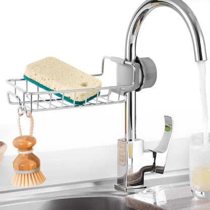 Kitchen Sink Sponge Holder – Over Faucet Stainless Steel Caddy for Soap, Brushes & Scrubbers – No Suction or Drilling Needed
