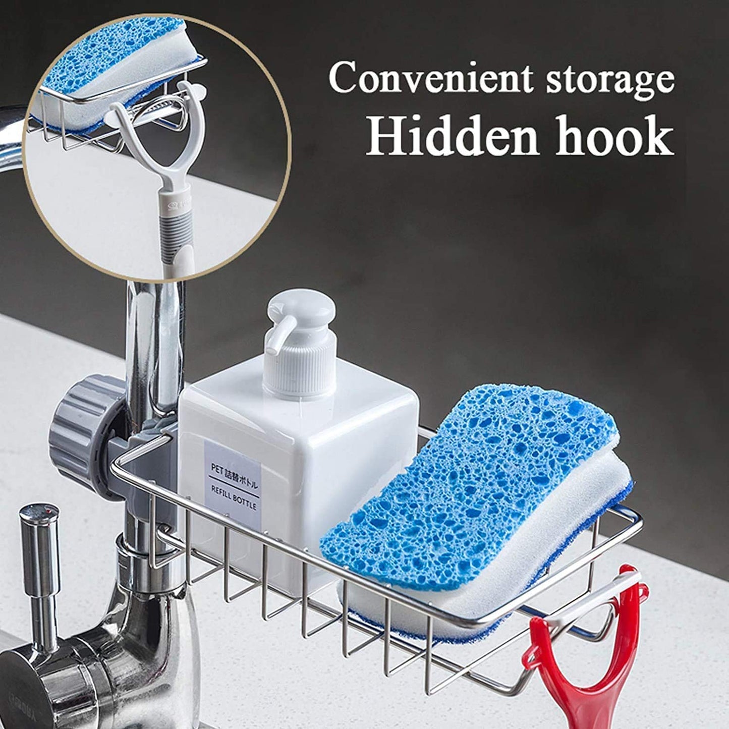 Kitchen Sink Sponge Holder – Over Faucet Stainless Steel Caddy for Soap, Brushes & Scrubbers – No Suction or Drilling Needed