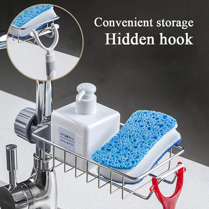 Kitchen Sink Sponge Holder – Over Faucet Stainless Steel Caddy for Soap, Brushes & Scrubbers – No Suction or Drilling Needed