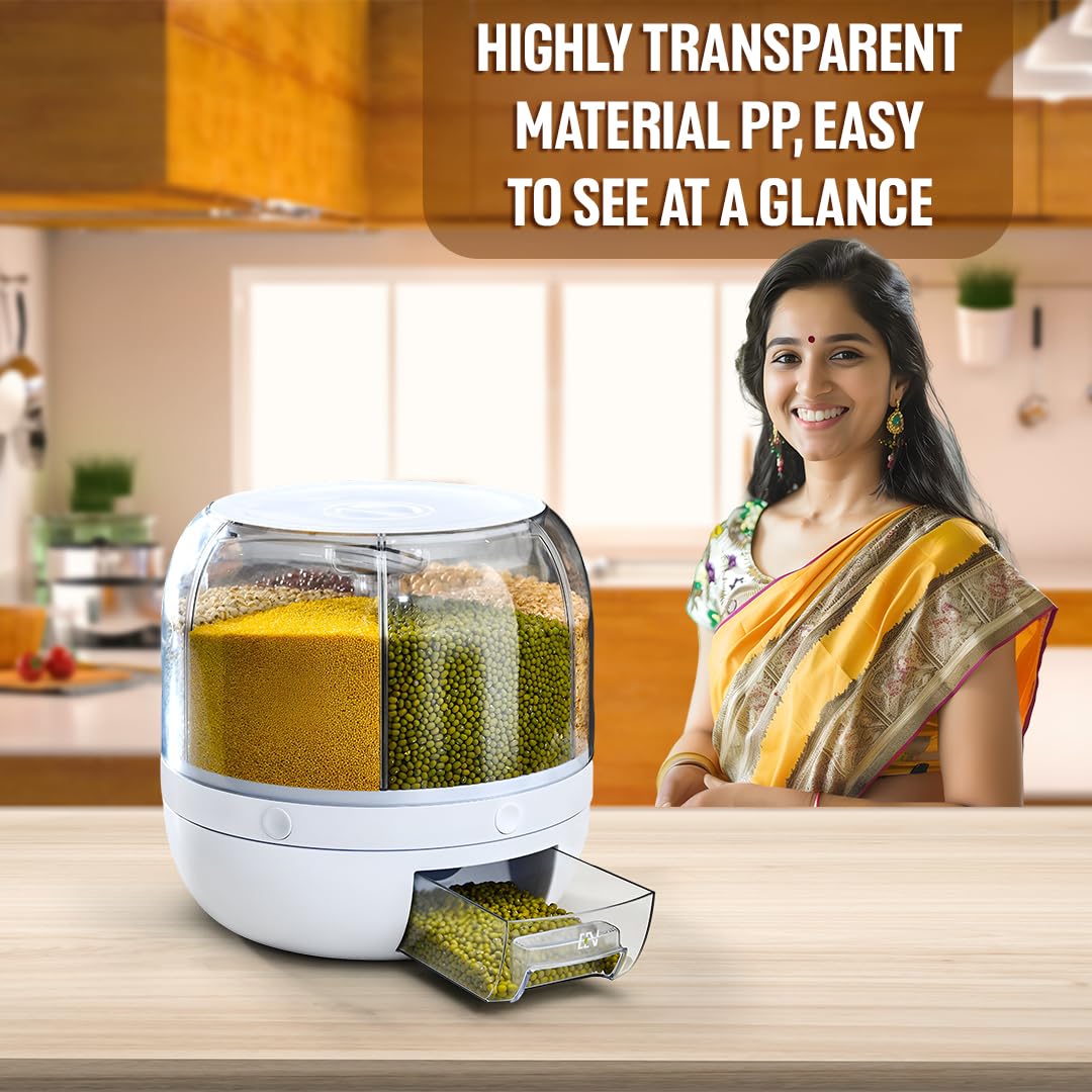 6-Grid Rotating Food Dispenser | 360° Rotating Transparent Grain Storage Container | Rotatable Dry Food Fruit Cereal Storage Box Container with Lid for Home and Kitchen