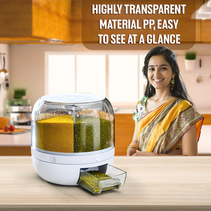 6-Grid Rotating Food Dispenser | 360° Rotating Transparent Grain Storage Container | Rotatable Dry Food Fruit Cereal Storage Box Container with Lid for Home and Kitchen