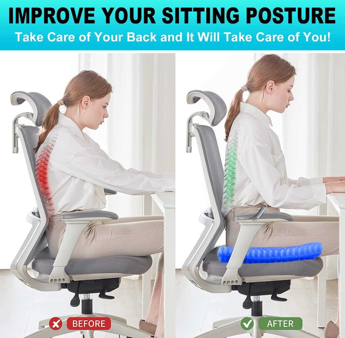 Gel Seat Cushion, Double Layer Gel Cushion with Non-Slip Cover