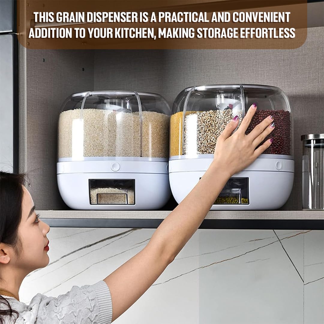 6-Grid Rotating Food Dispenser | 360° Rotating Transparent Grain Storage Container | Rotatable Dry Food Fruit Cereal Storage Box Container with Lid for Home and Kitchen