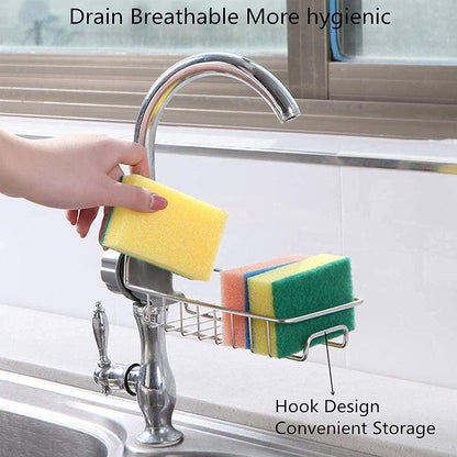 Kitchen Sink Sponge Holder – Over Faucet Stainless Steel Caddy for Soap, Brushes & Scrubbers – No Suction or Drilling Needed