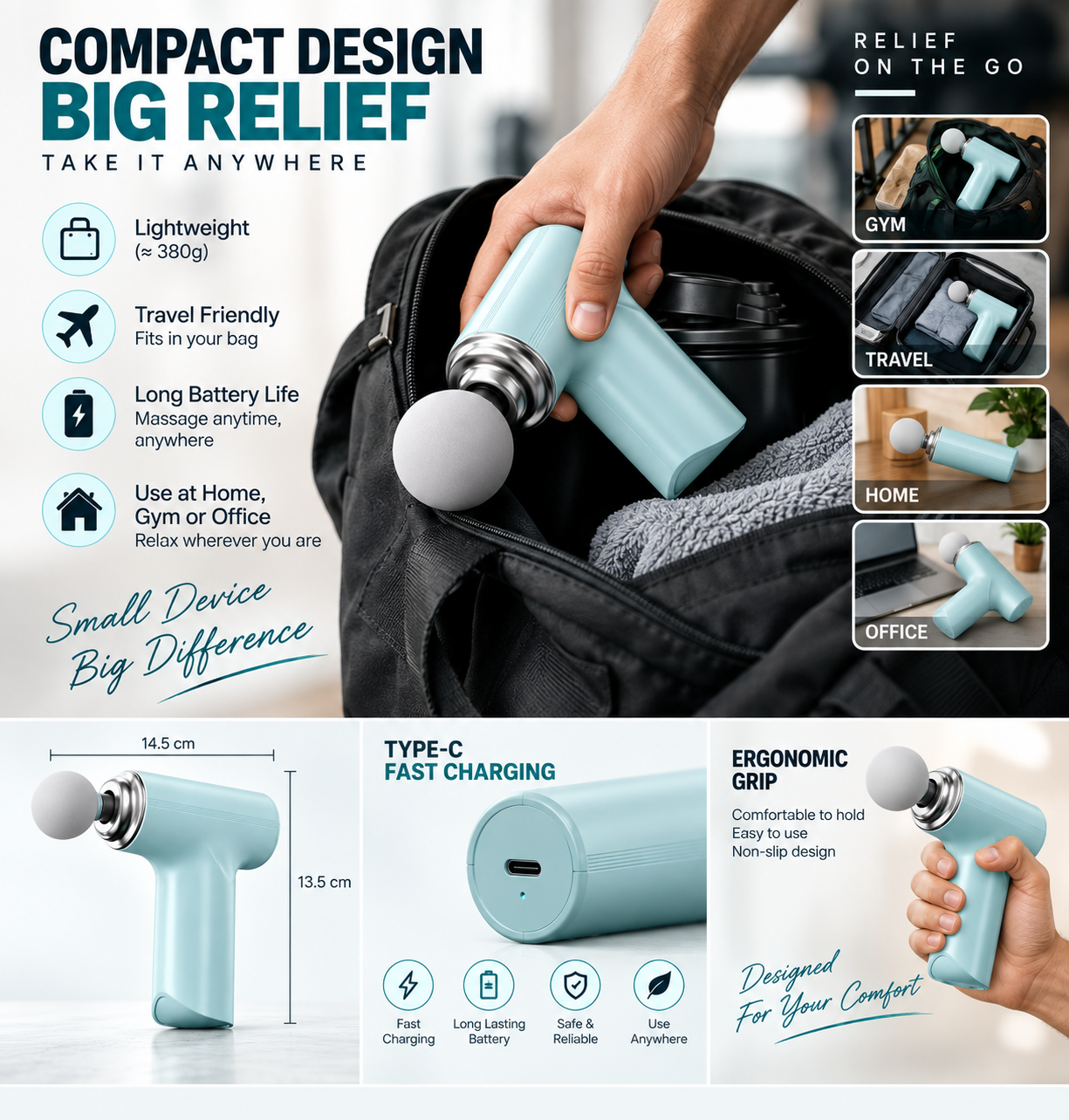 Charge Go Massage Gun | Massager Machine for Pain Relief | Massage Gun for Back Leg & Full Body | 4 Specialized Heads For Full Body Pain Relief